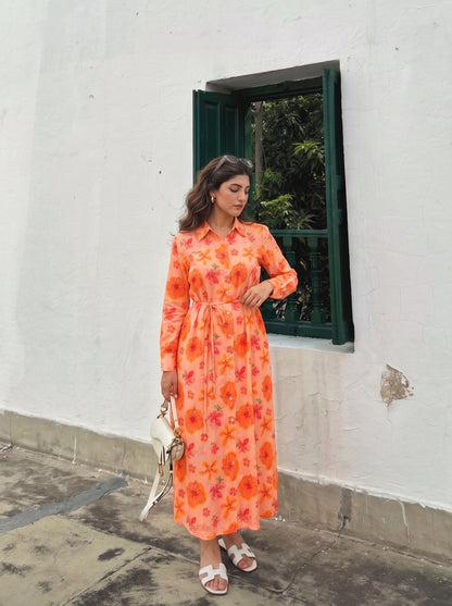 Peach Floral Belted Dress