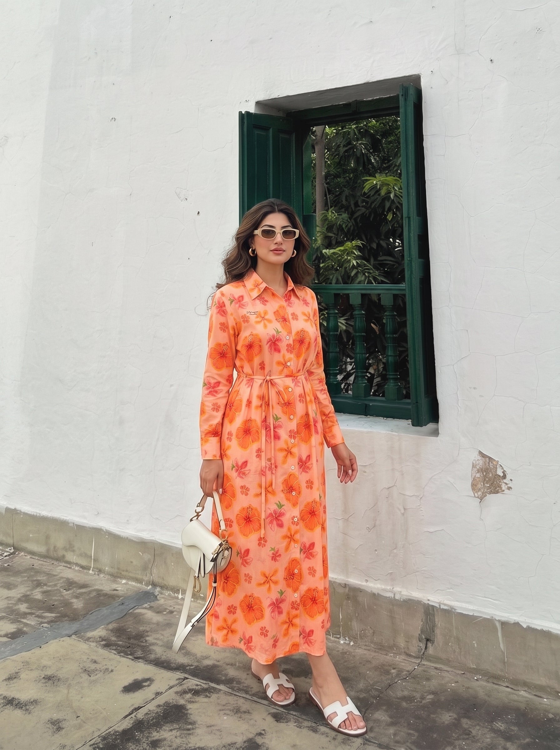 Peach Floral Belted Dress