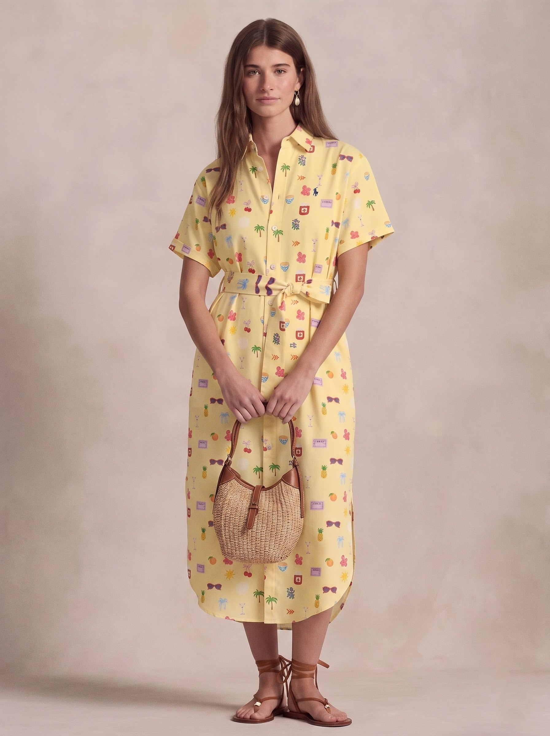Yellow Printed Belted Shirt Midi Dress