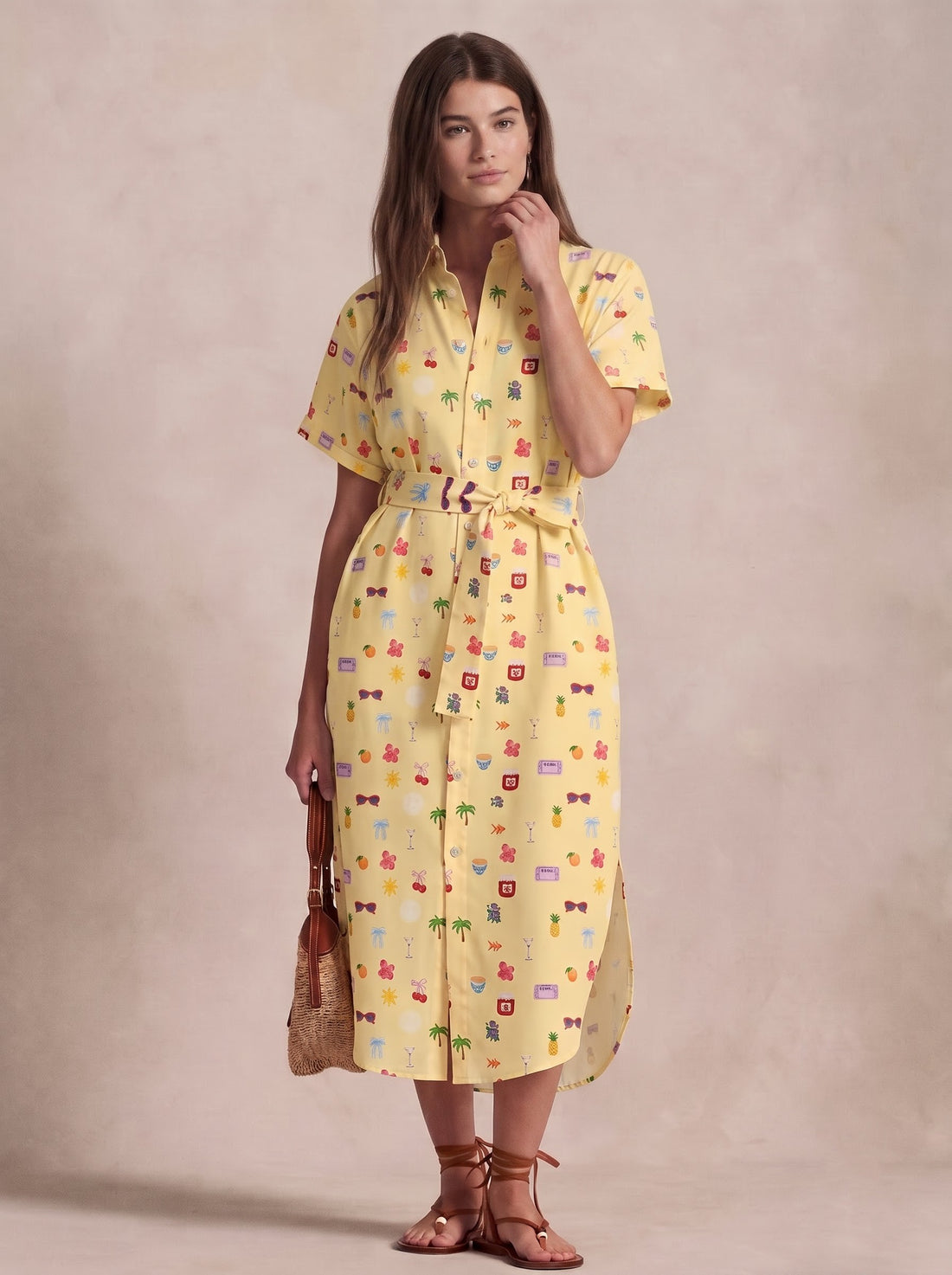 Yellow Printed Belted Shirt Midi Dress