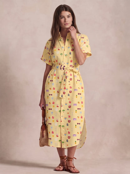 Yellow Printed Belted Shirt Midi Dress