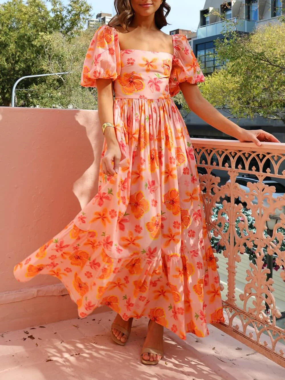 Floral Puff Sleeve Maxi Dress