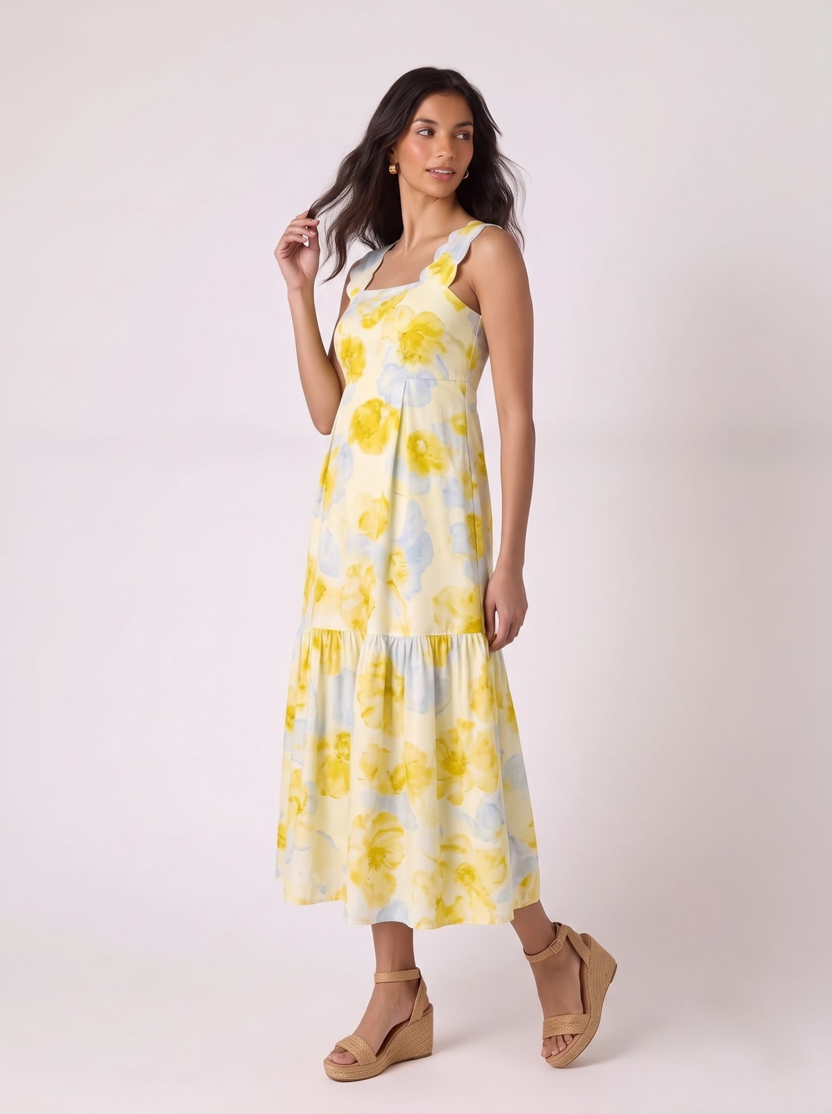 Yellow Floral Scallop Strap Midi Dress