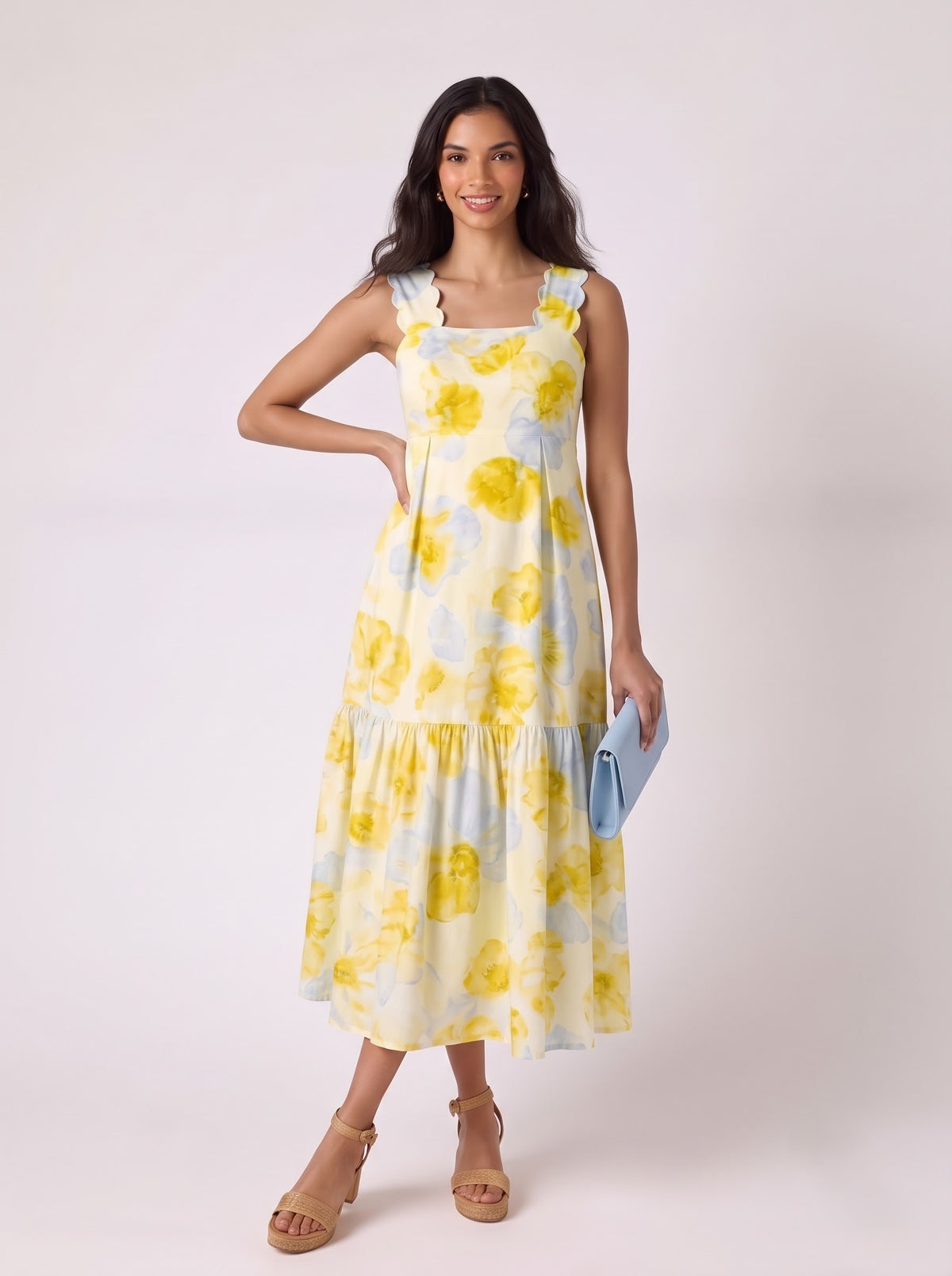 Yellow Floral Scallop Strap Midi Dress