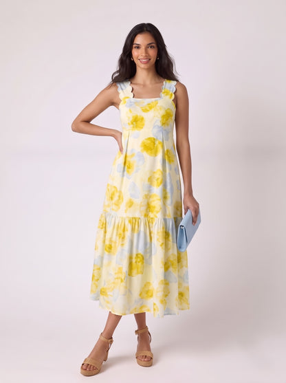 Yellow Floral Scallop Strap Midi Dress