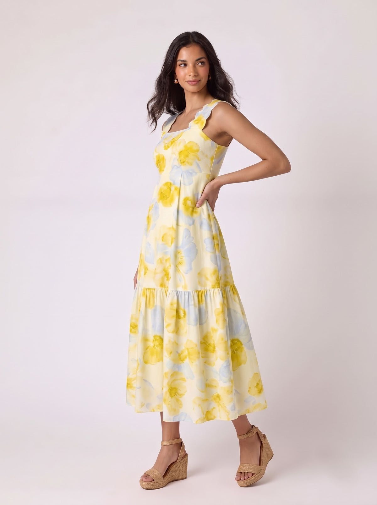 Yellow Floral Scallop Strap Midi Dress