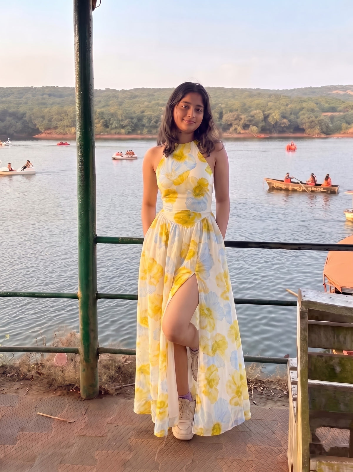 Yellow Floral Halter Neck Maxi Dress