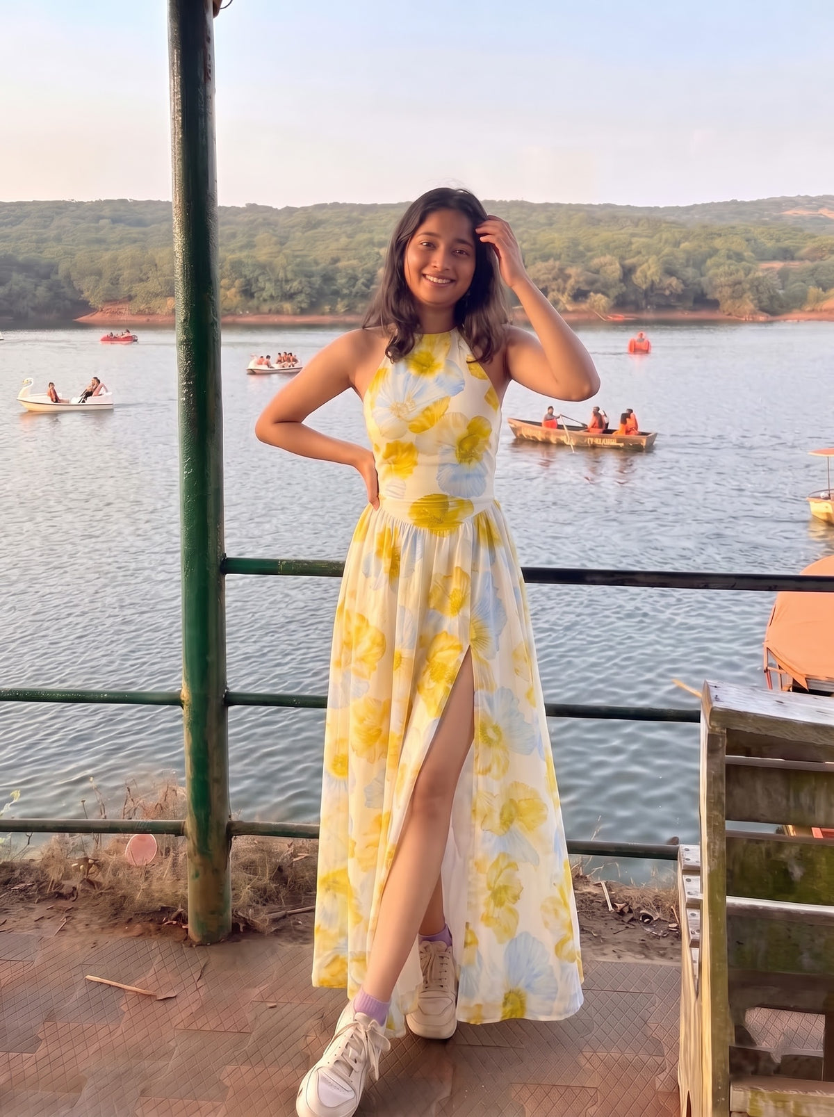 Yellow Floral Halter Neck Maxi Dress