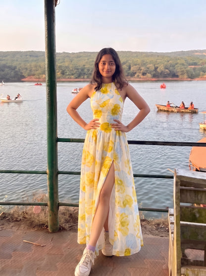 Yellow Floral Halter Neck Maxi Dress