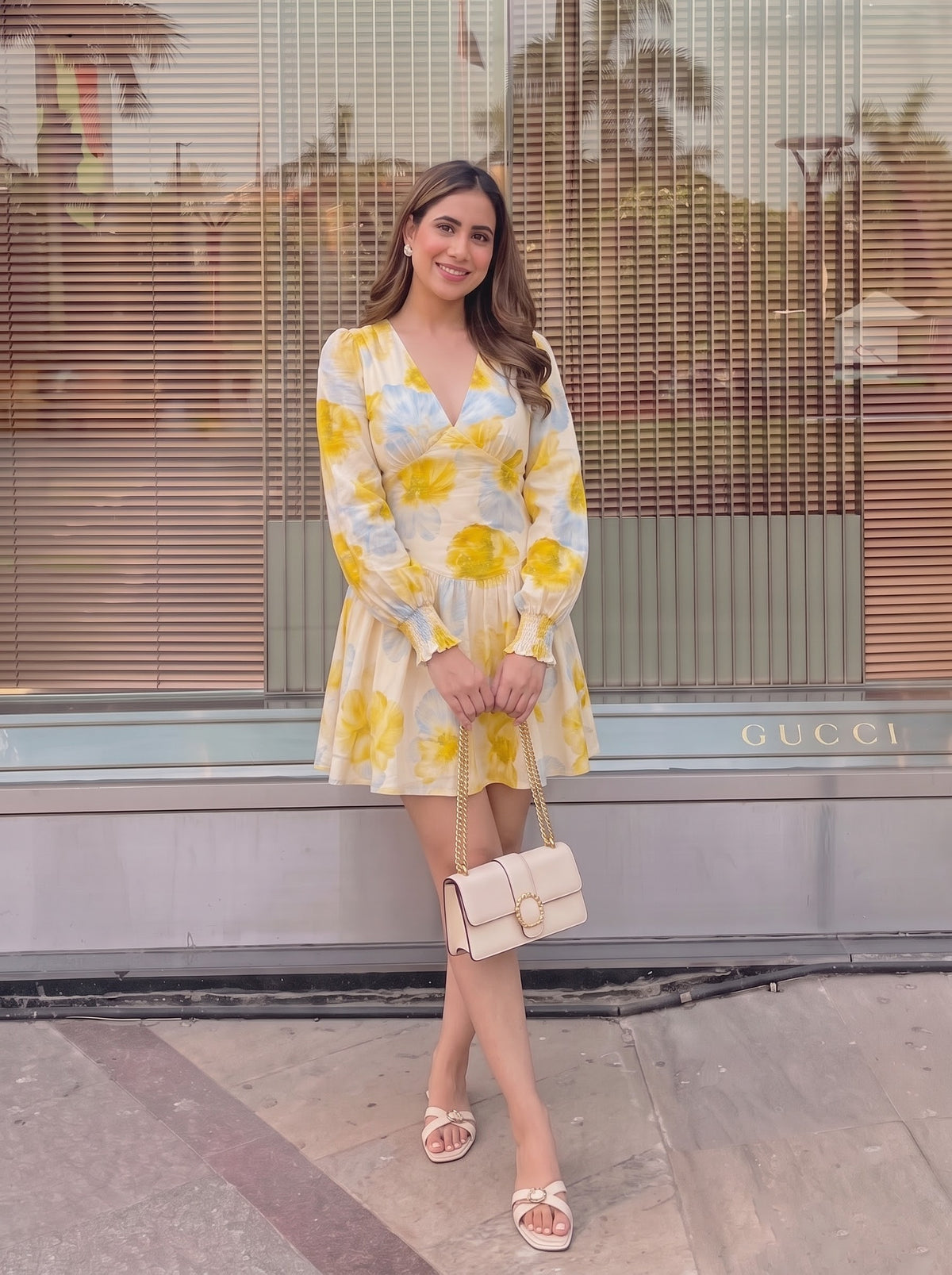Yellow Floral V-Neck Mini Dress