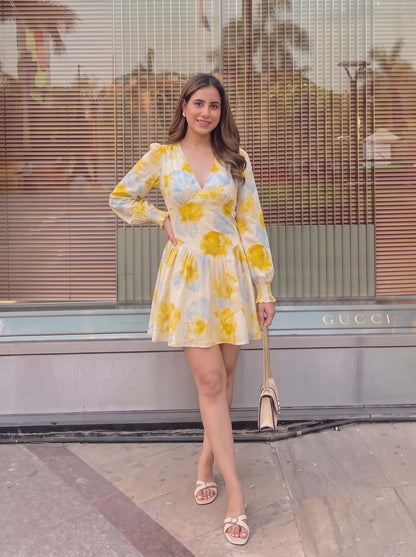 Yellow Floral V-Neck Mini Dress