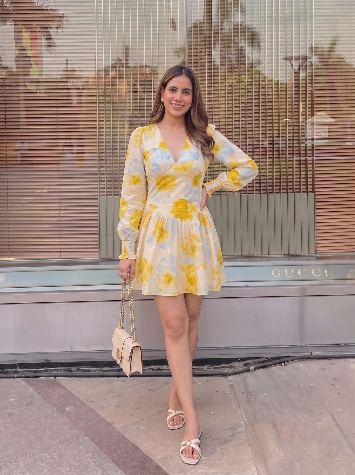 Yellow Floral V-Neck Mini Dress