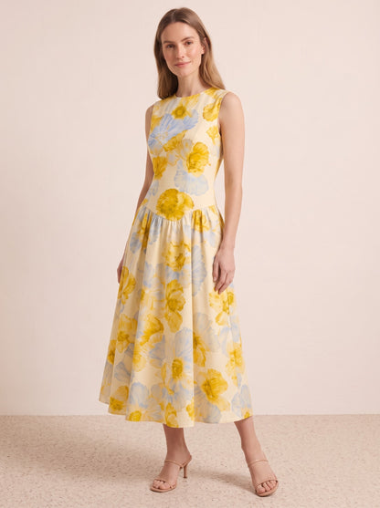 Yellow Floral Fit &amp; Flare Midi Dress